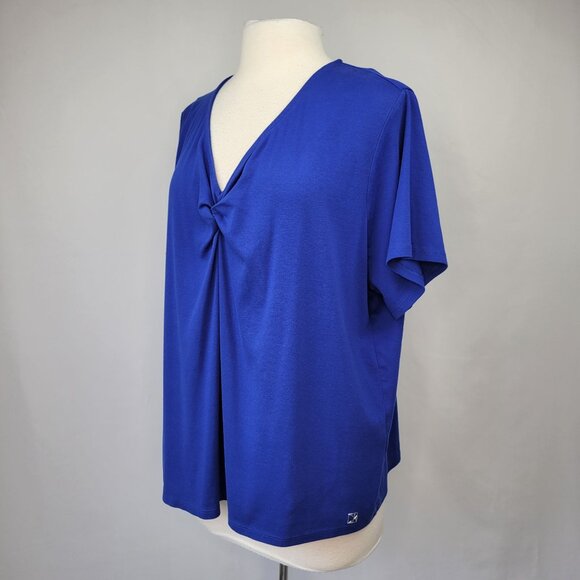 Calvin Klein Knot Front Short Sleeve V-Neck Top Blue Size 2X - Picture 2 of 11